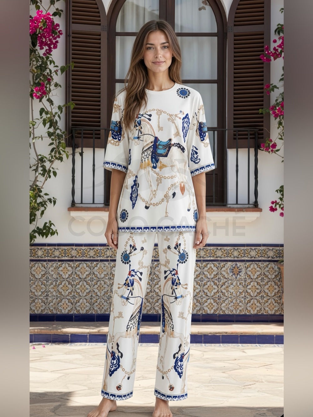 Elegant White Embellished Horse Print Two-Piece Matching Trousers and Blouse Set
